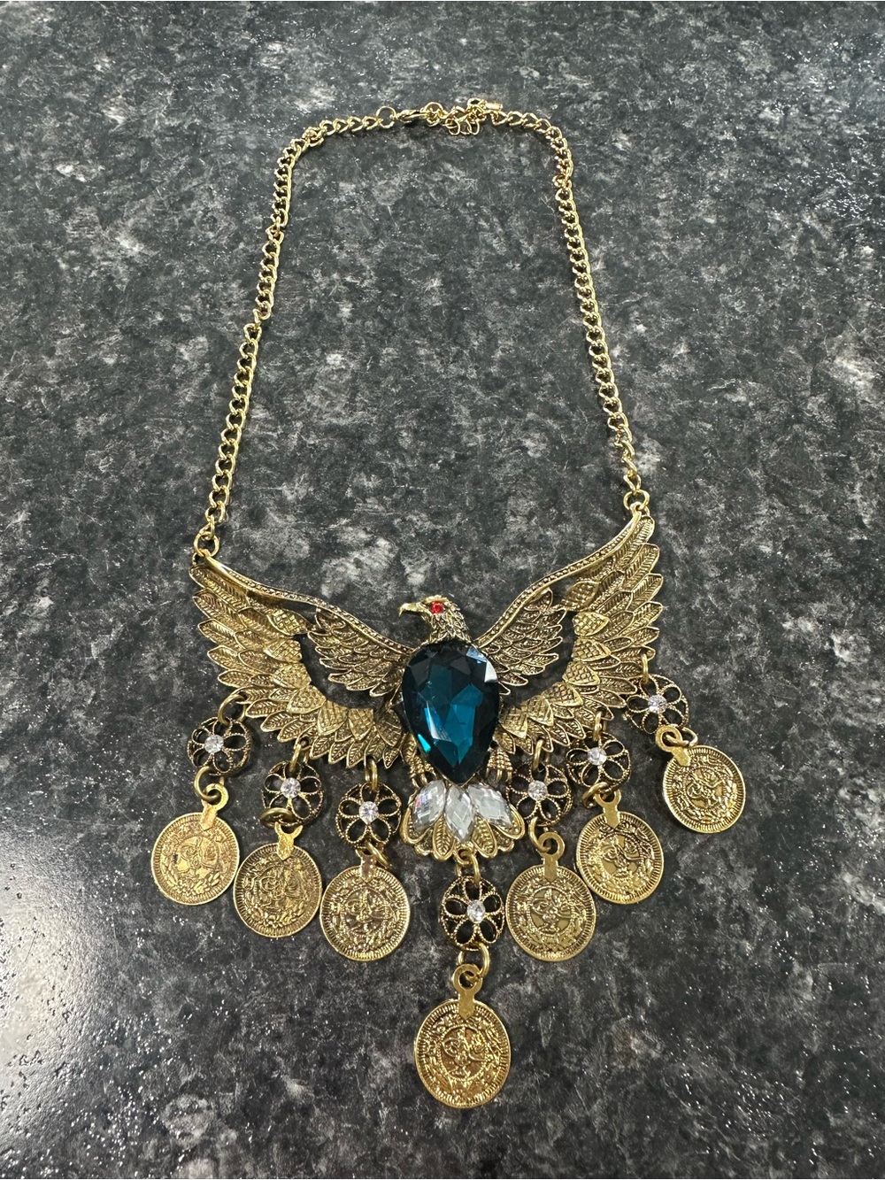 Gold Tone Eagle Statement Necklace Blue Crystal Coin Dangle Boho Bib